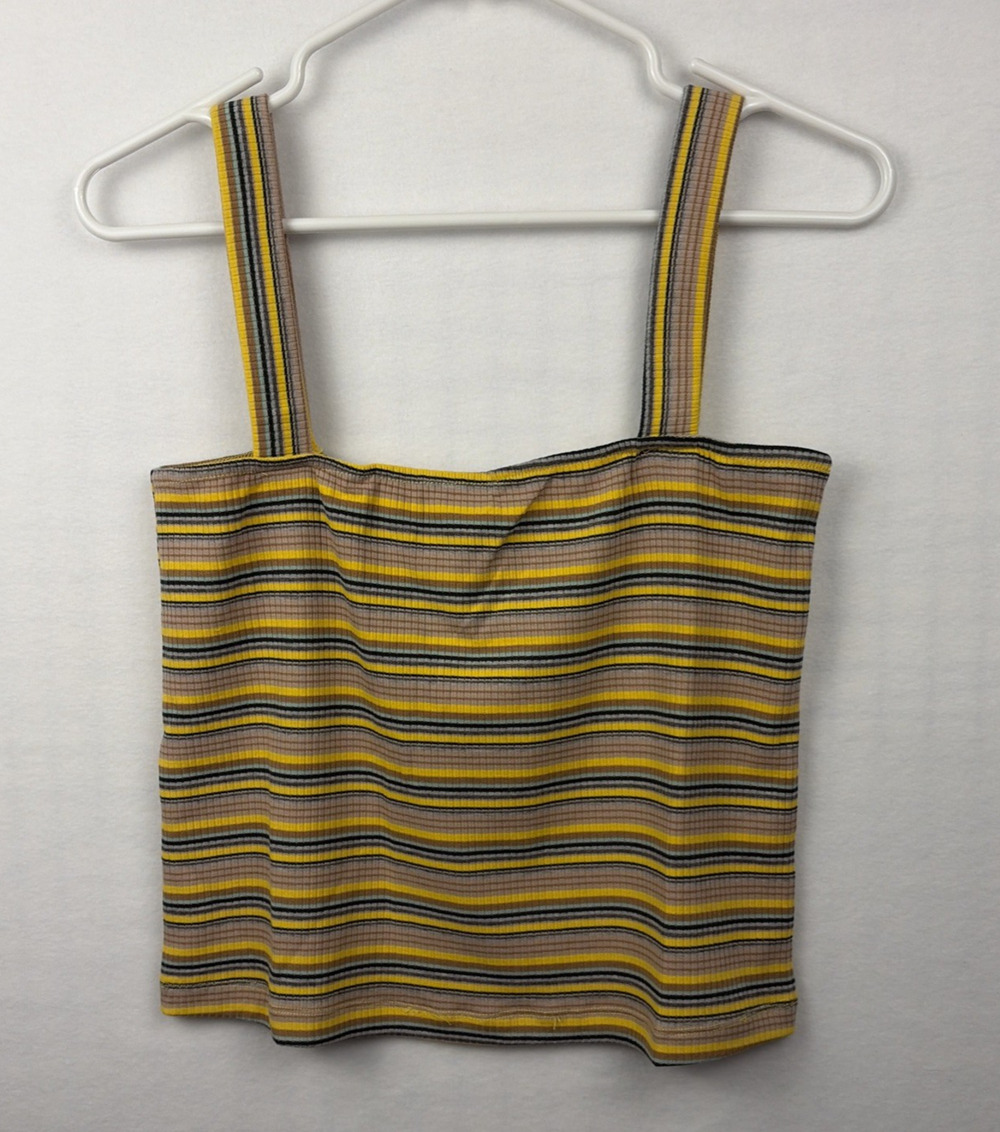 olivaceous Tank Top Medium Yellow Striped Square Neck Cropped Retro 70s Style